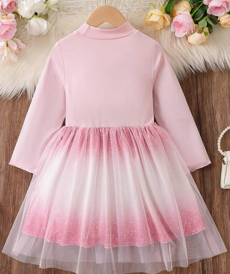 Kids FANZEY Young Girl Ombre Bow Front Mesh Overlay Dress (SC70)