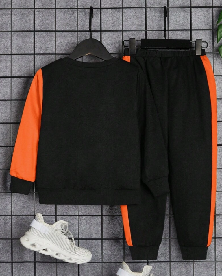 Young Boy Letter Graphic Two Tone Thermal Sweatshirt & Sweatpants (SC72)