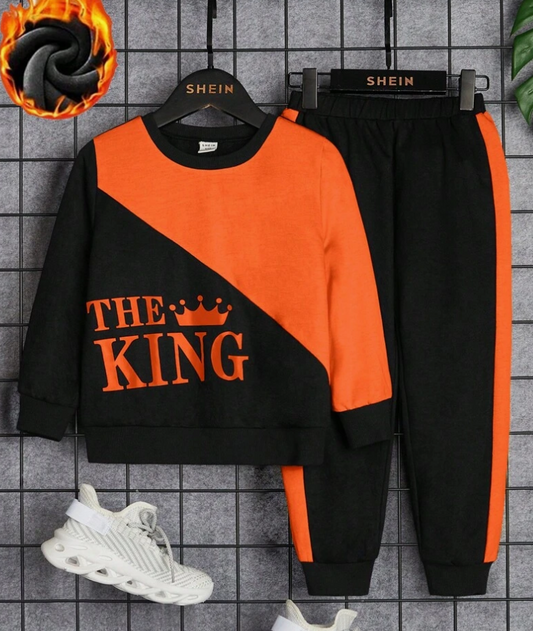 Young Boy Letter Graphic Two Tone Thermal Sweatshirt & Sweatpants (SC72)