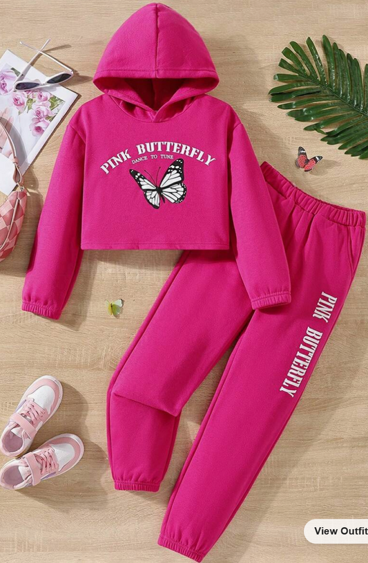 Kids Cooltwn Tween Girl Butterfly Print Thermal Hoodie & Sweatpants (SC73)