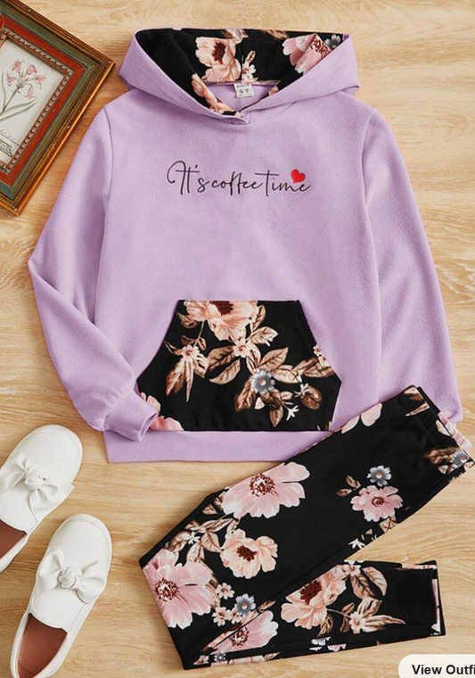 Kids EVRYDAY Tween Girl Floral & Slogan Graphic Kangaroo Pocket Hoodie & Leggings (SC78)