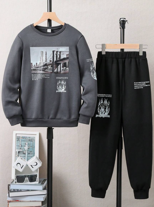 Boys' Slogan Printed Hoodie And Pants Set (SC79)