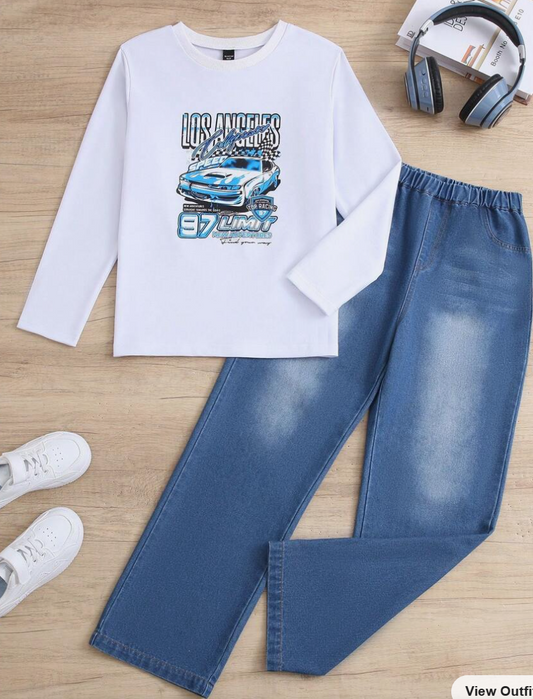 Boys' White Long Sleeve Car Letter Print T-shirt And Straight Jeans Set (SC83)