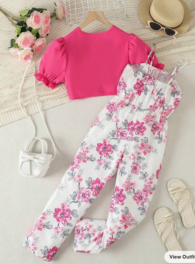 Big Girls' Split Hem Top and Floral Printed Strap Jumpsuit (SC85)