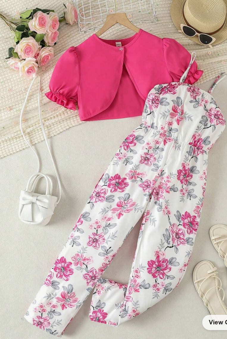 Big Girls' Split Hem Top and Floral Printed Strap Jumpsuit (SC85)