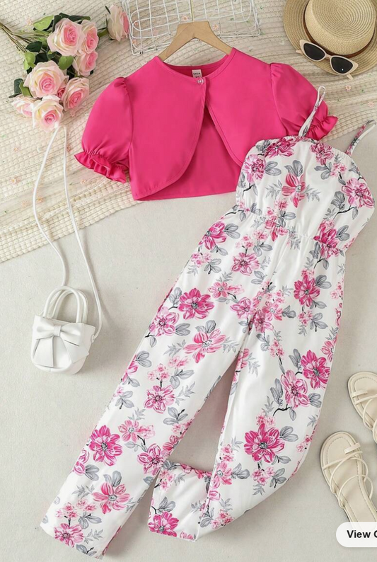 Big Girls' Split Hem Top and Floral Printed Strap Jumpsuit (SC85)