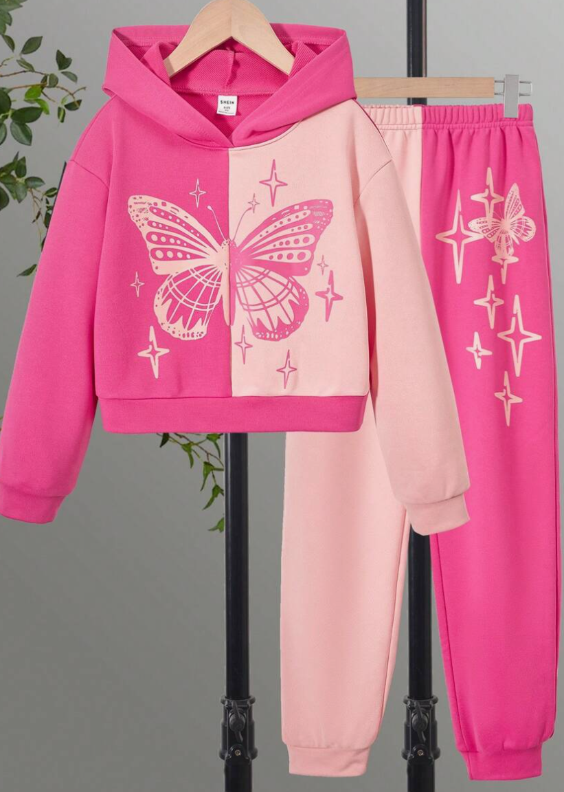 Tween Girl Two Tone Butterfly Print Hoodie & Sweatpants (SC90)