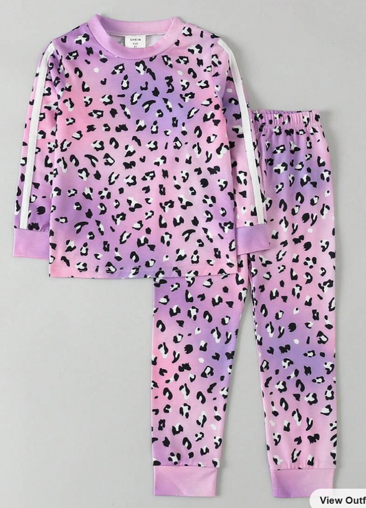 Little Girls' Pink Ombre Leopard Print Round Neck Lounge Wear (SC91)